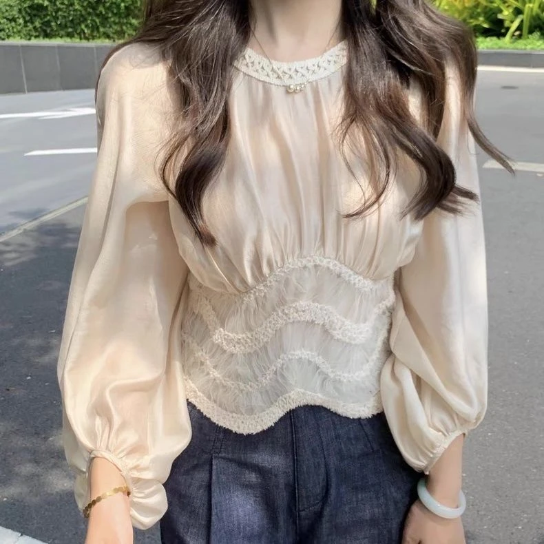 法式小香风蕾丝拼接长袖衬衫2025春夏收腰衬衣新款设计感小众上衣