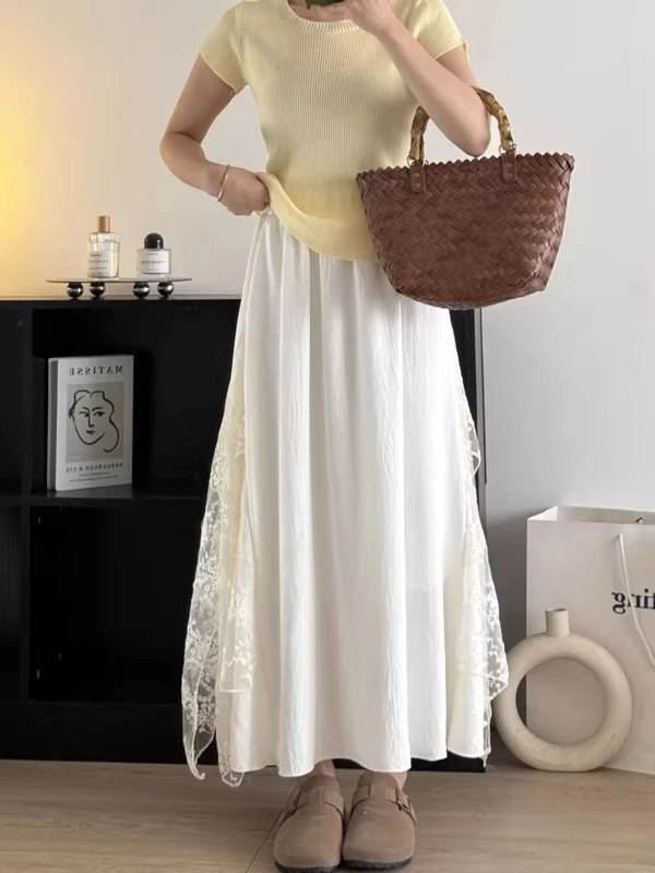 白色蕾丝拼接半身裙大码胖mm夏季梨形身材遮肚显瘦超好看a字半裙