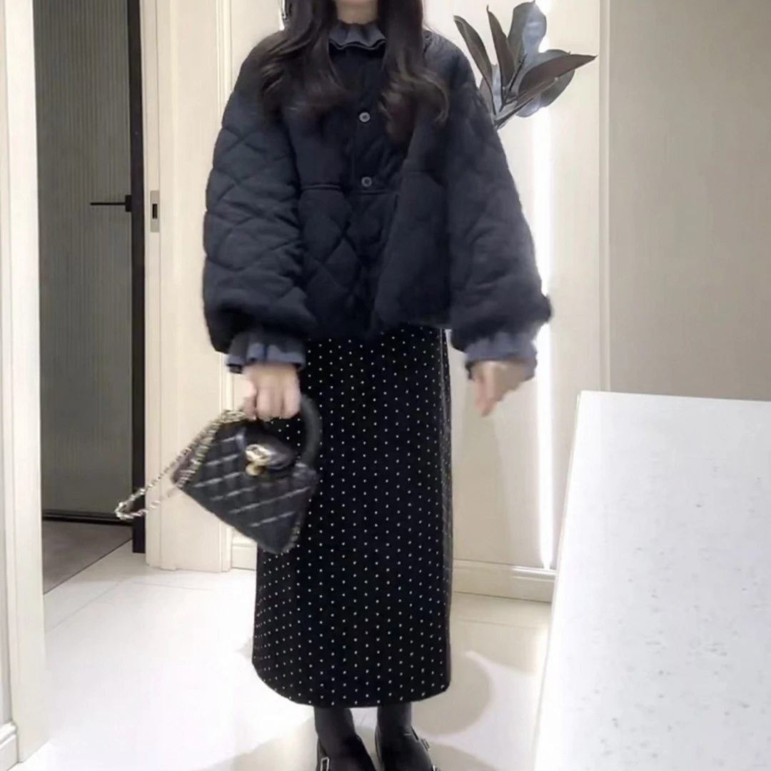 大码韩系短款菱格复古加厚保暖文艺风韩版冬季遮肉外套