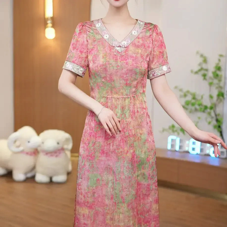 2025新款气质裙子女夏季洋气连衣裙中式显瘦国风休闲