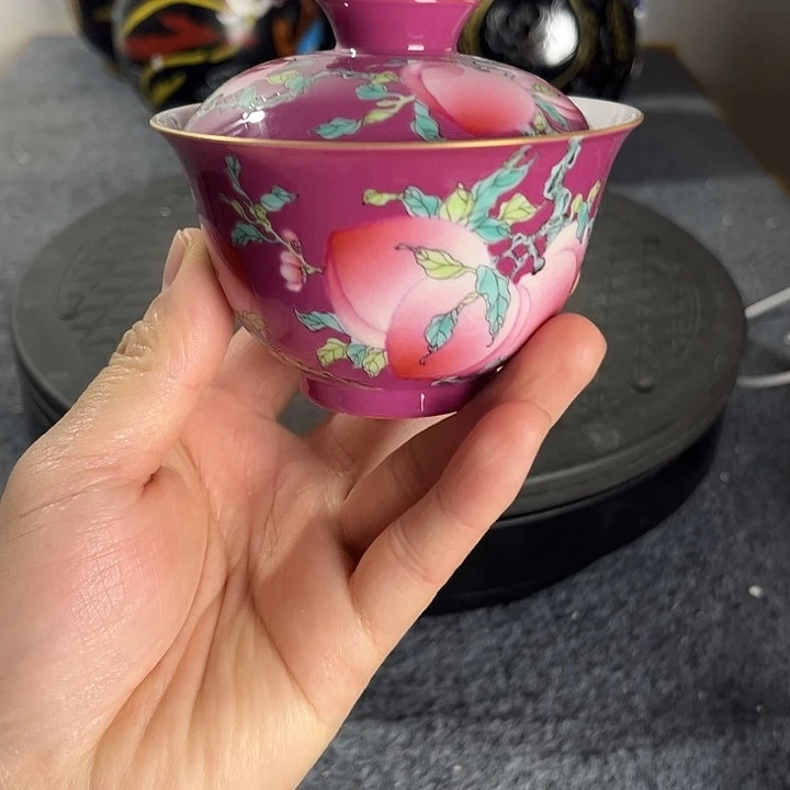 摆件陶粉彩九桃盖碗单色釉