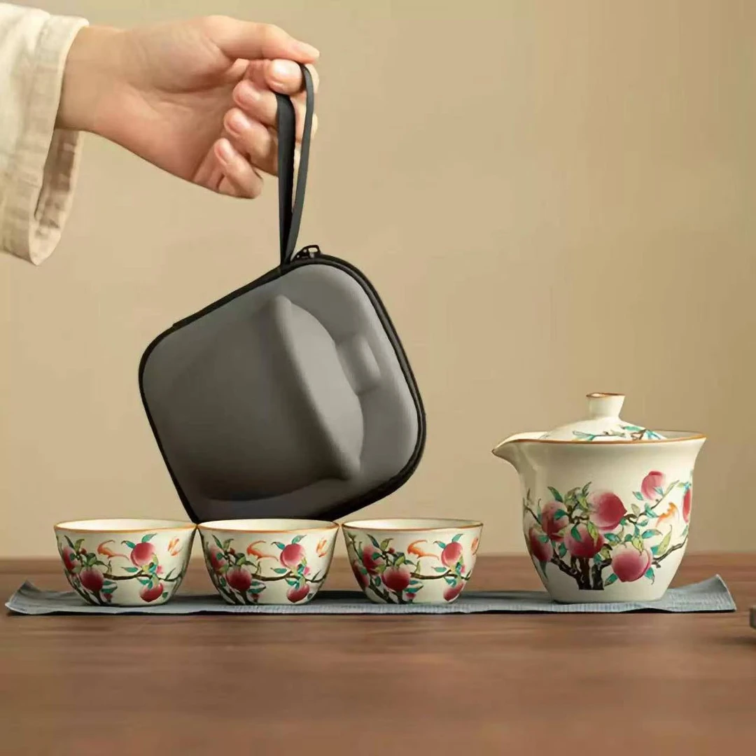 九桃手抓壶快客杯陶瓷旅行茶具一壶三杯户外便携式1714