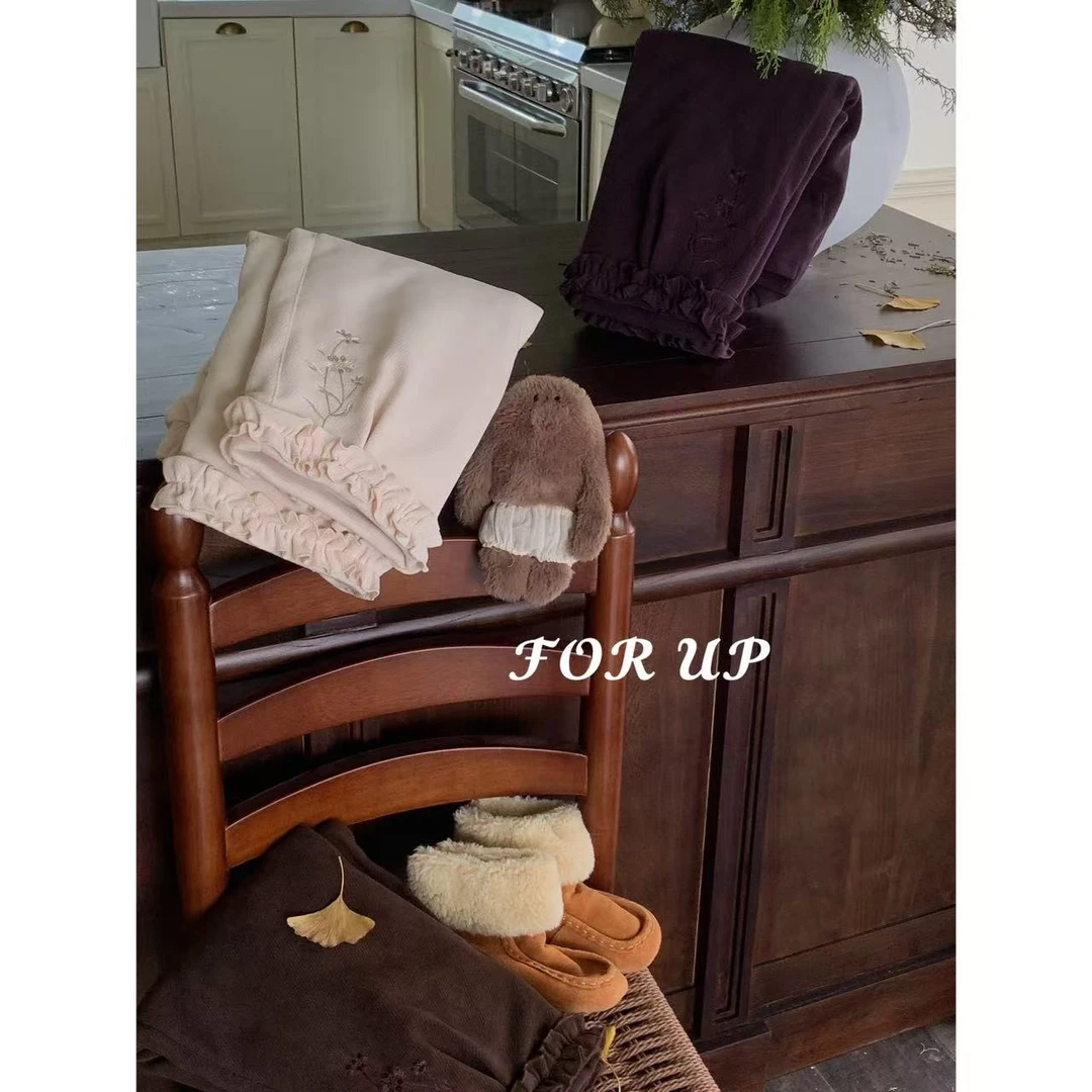 [FOR UP]法式花朵刺绣木耳边加棉长裤244-FU-69865多色