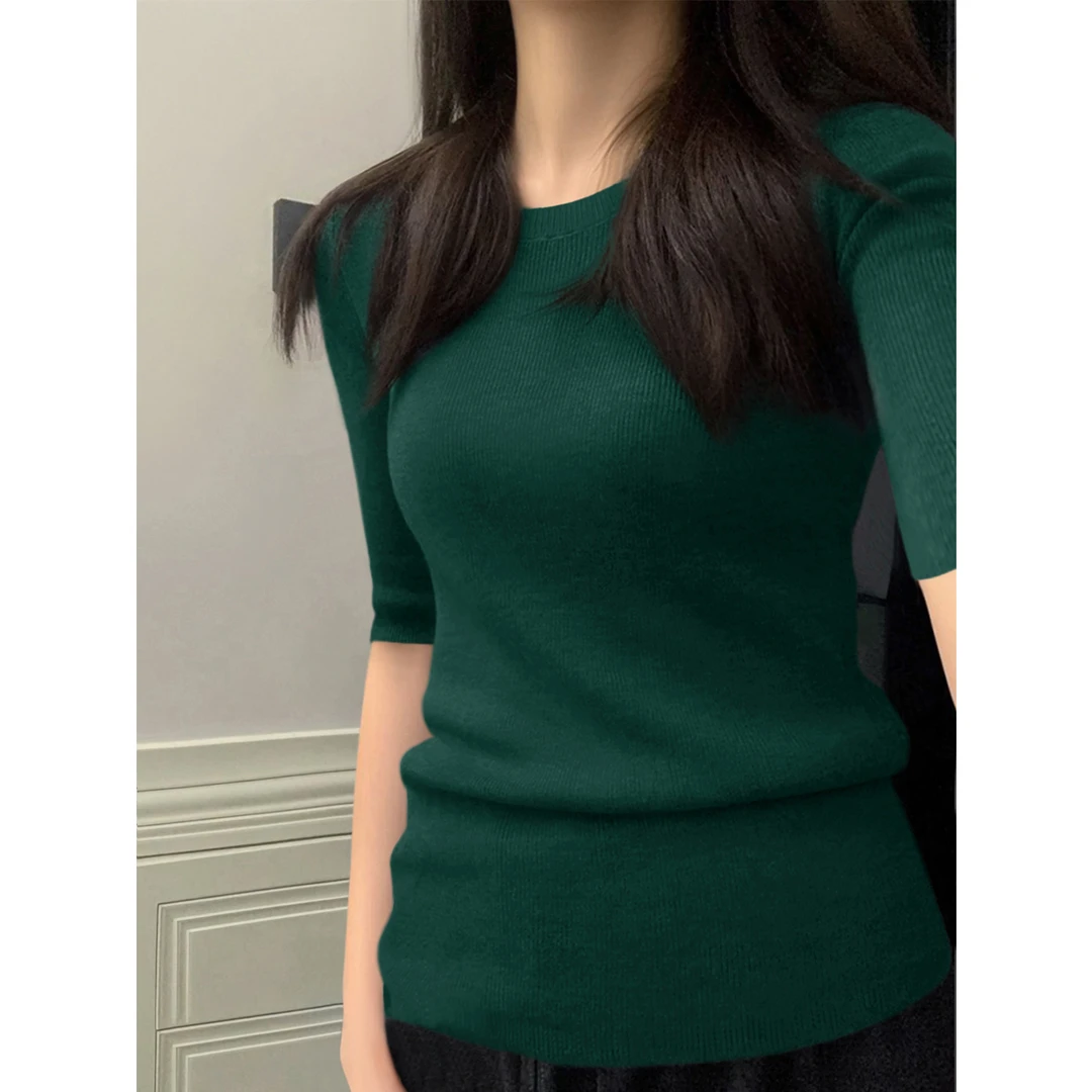 2025年圆领五分袖套头内搭上衣高级感秋季时尚修身针织打底衫女装