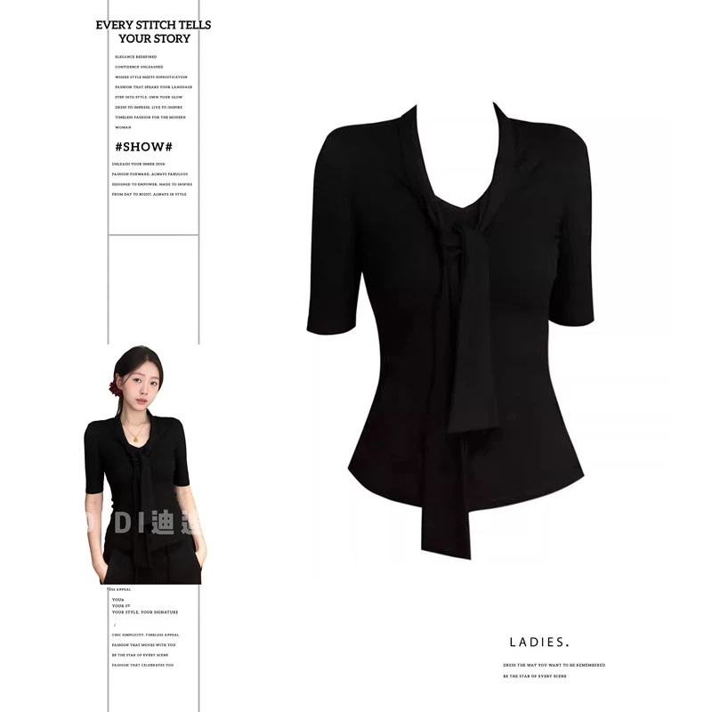 大码胖MM法式纯欲风系带v领短袖T恤女夏季设计感别致气质百搭上衣