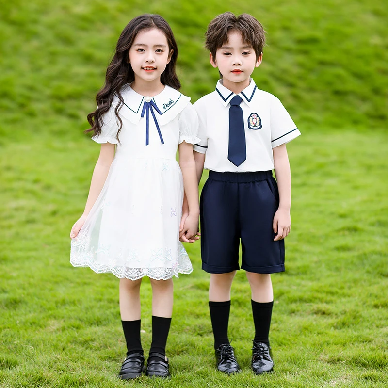 幼儿园园服毕业照服装蓝白色网纱连衣裙学院风套装夏款小学生班服