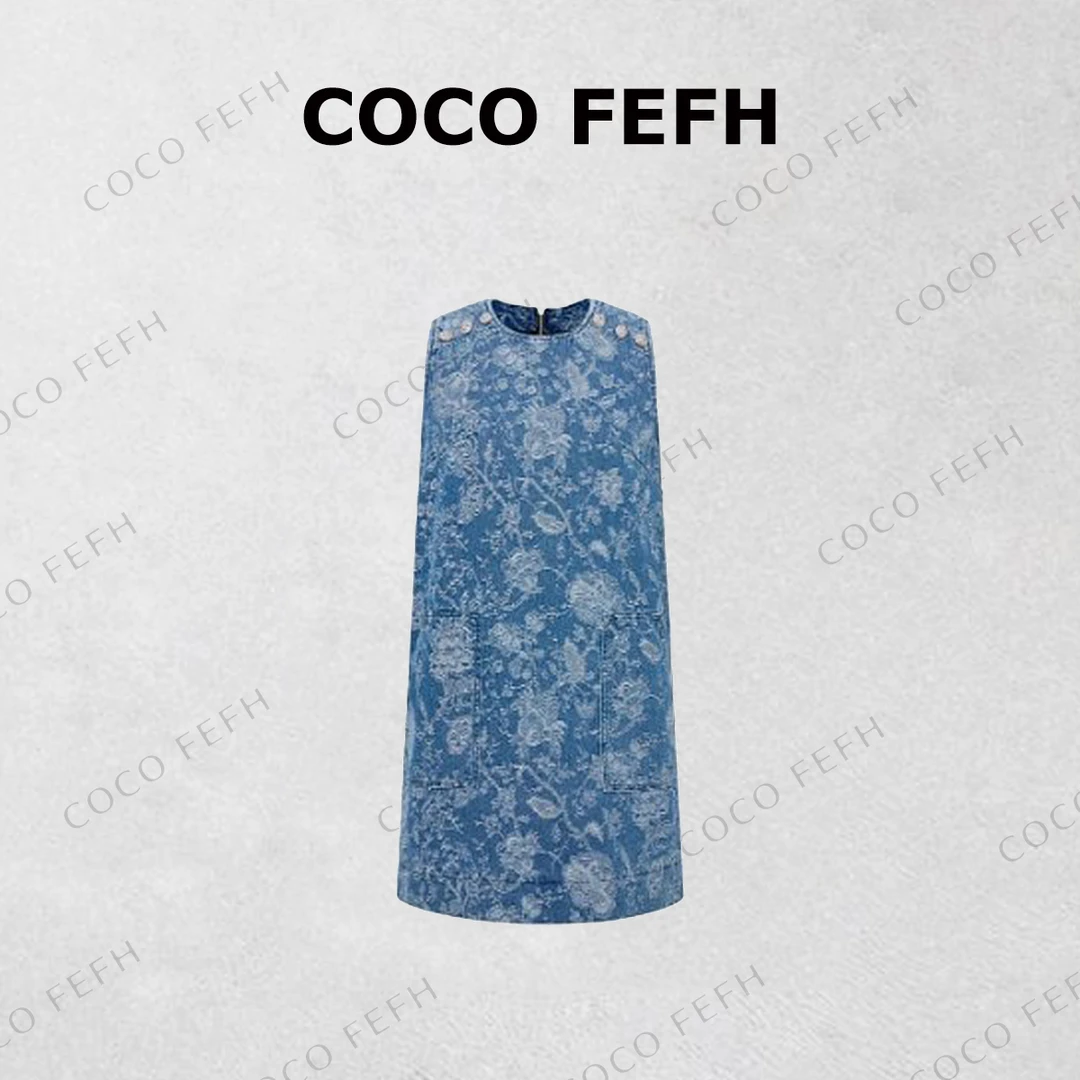 COCO FEFH 【连衣裙】25夏季新品蓝烬玫瑰雕刻感牛仔烧花圆领Z6615