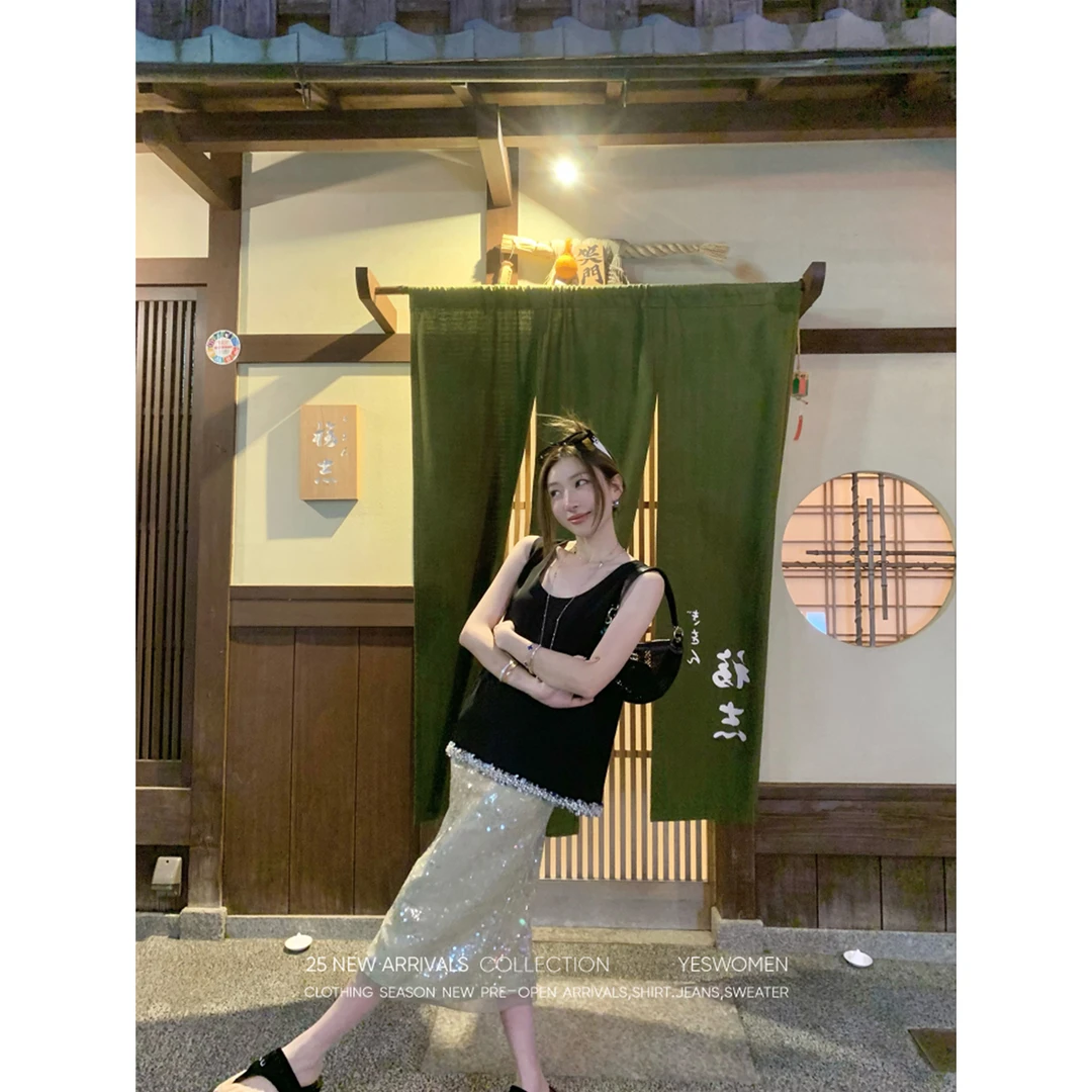 YESWOMEN【DA】暗夜碎金·简约手工珠链上衣 亮丝绣珠片裙