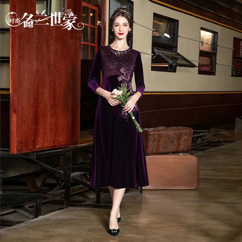 『朝颜』名兰世家婚宴礼服女喜婆婆婚礼装长款丝绒连衣裙MLF01D7312