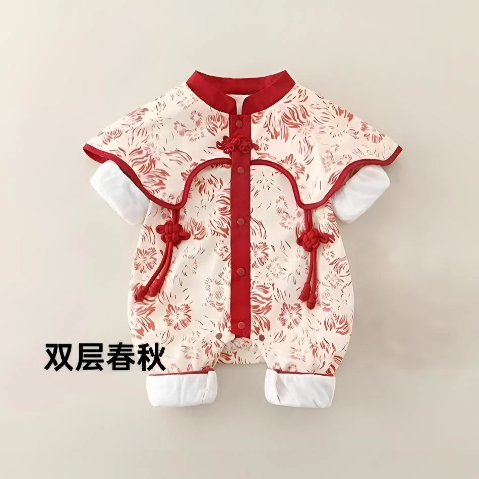 宝宝春秋新款百天女婴儿中国风喜庆哈衣满月女宝双层连体衣拜年服