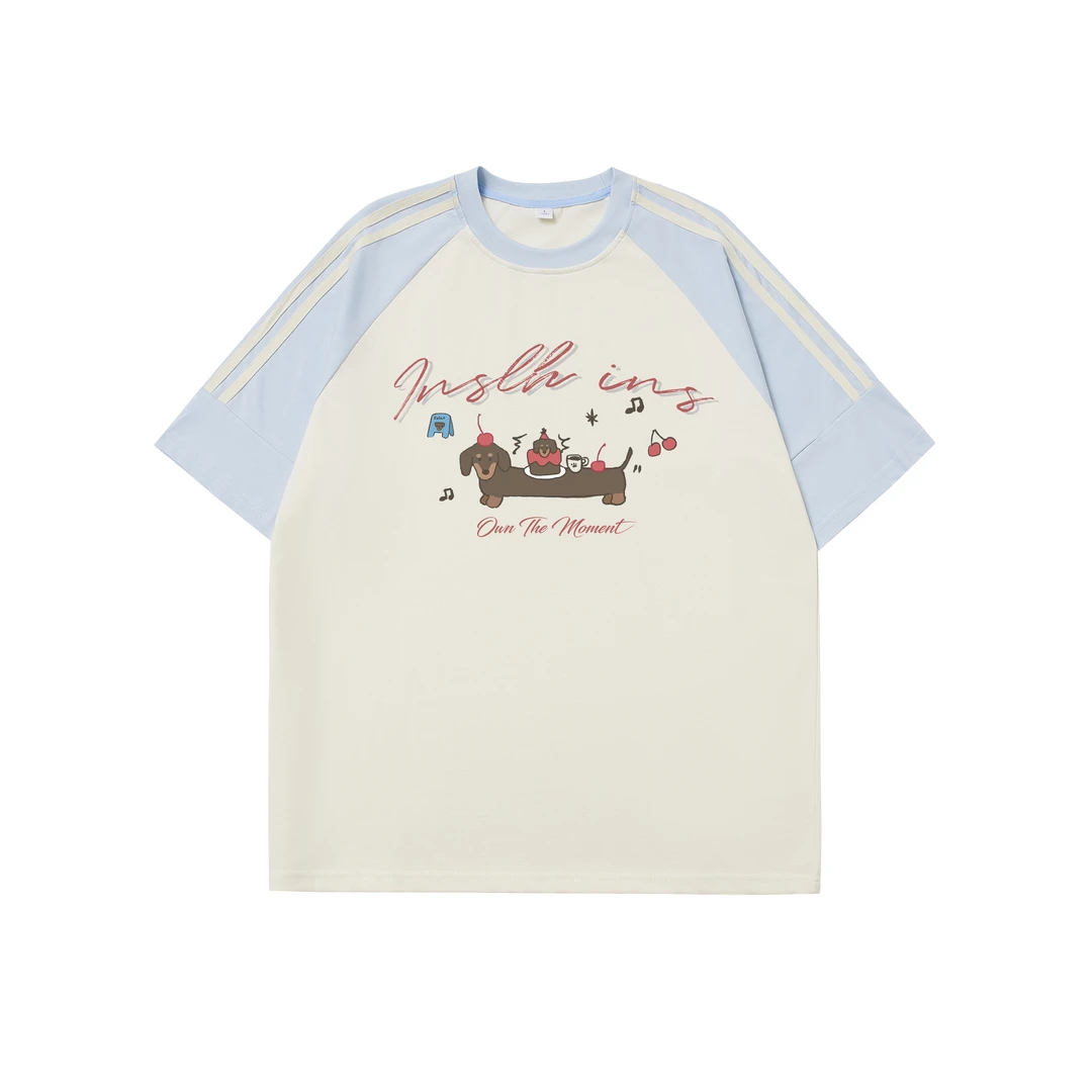 插肩拼接【腊肠小狗】重磅纯棉230G多巴胺情侣宽松夏季休闲卡通t恤