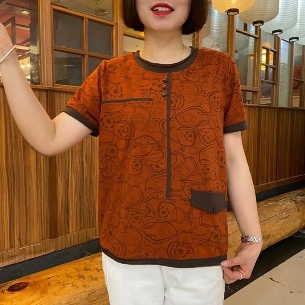 2025夏季新款中老年短袖T恤网红大码印花潮流圆领上衣妈妈装减龄