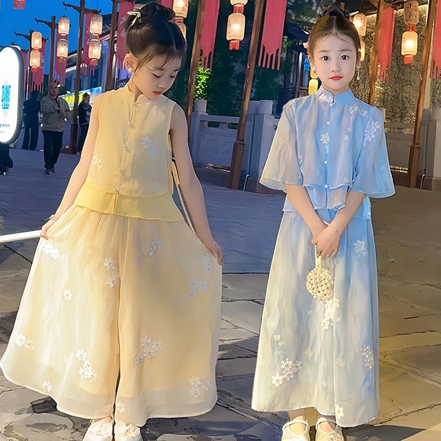 女童中国风套装夏装儿童新中式绣花无袖上衣阔腿裤汉服两件套装