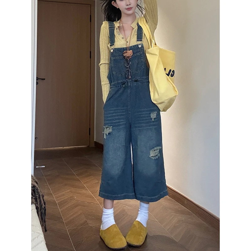 潮流破洞宽松垂坠感背带裤女2025秋季韩版高腰显瘦减龄牛仔阔腿裤