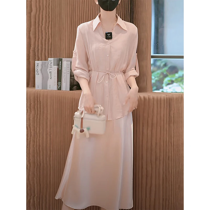 欧洲站2025春夏新款轻奢遮肚收腰衬衫缎面吊带连衣裙两件套装女潮