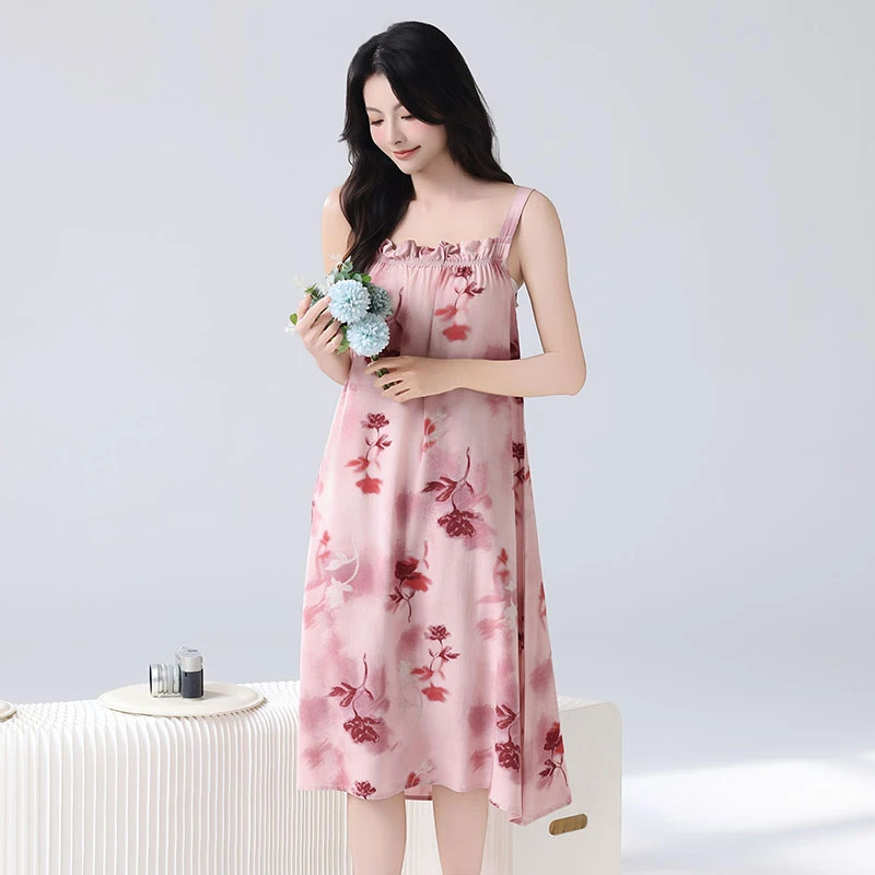 夏季吊带睡裙女可爱学生清新棉绸睡衣休闲宽松胖mm中长款连衣裙薄