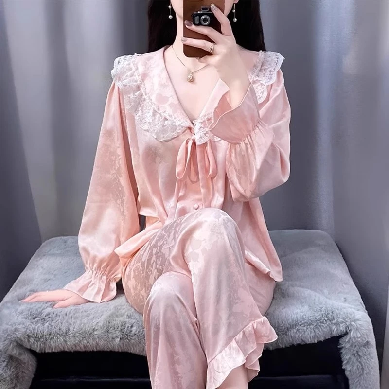 tpvl轻奢法式睡衣女长袖粉色甜美蕾丝边粉色家居服春秋套装冰丝薄