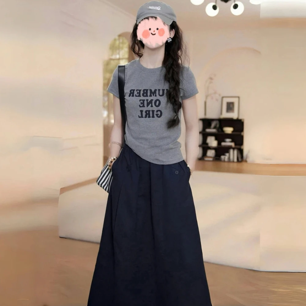 2025夏季流行穿搭一整套女简约百搭印花T恤上衣高腰半身裙两件套