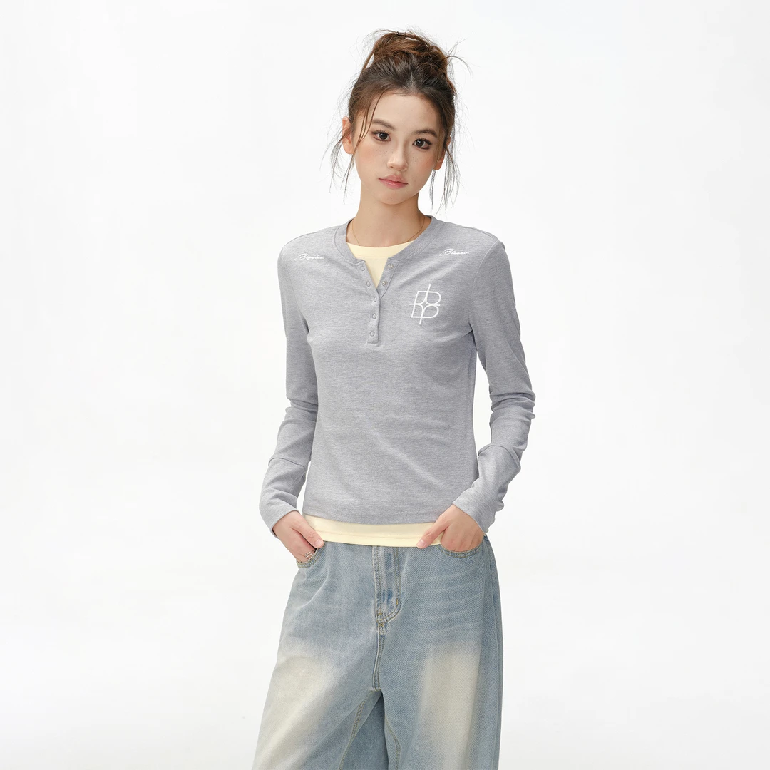BIPOLAR女款假两件亨利领时尚休闲早秋穿搭长袖T恤  11L128