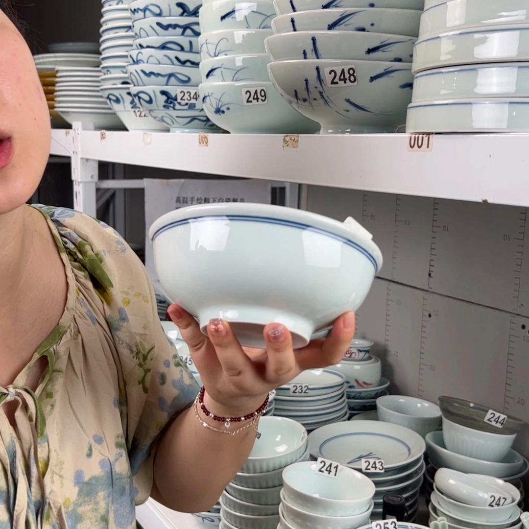 手绘高温釉下彩微瑕福利双线6.5寸高足碗（单只装）