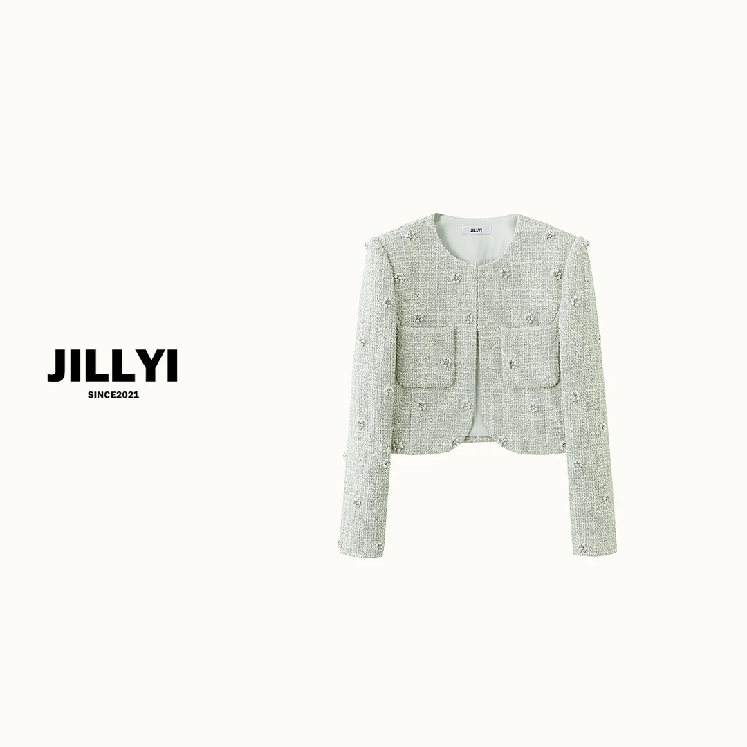 jillyi【浅绿波光】浅绿色圆领手缝珍珠花朵轻奢气质时尚短外套