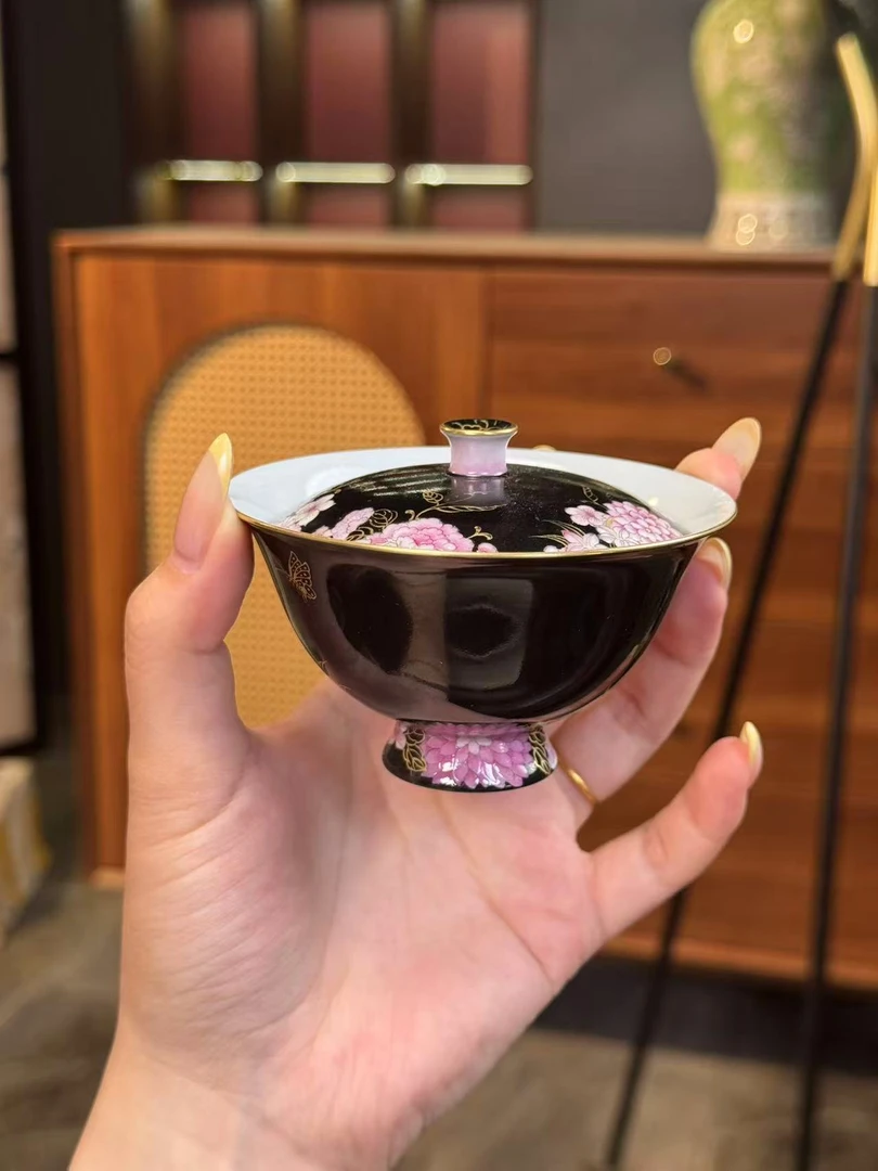 合吾   黑地繁花盖碗  茶道手作纯手工饮茶手作HWDZ2791