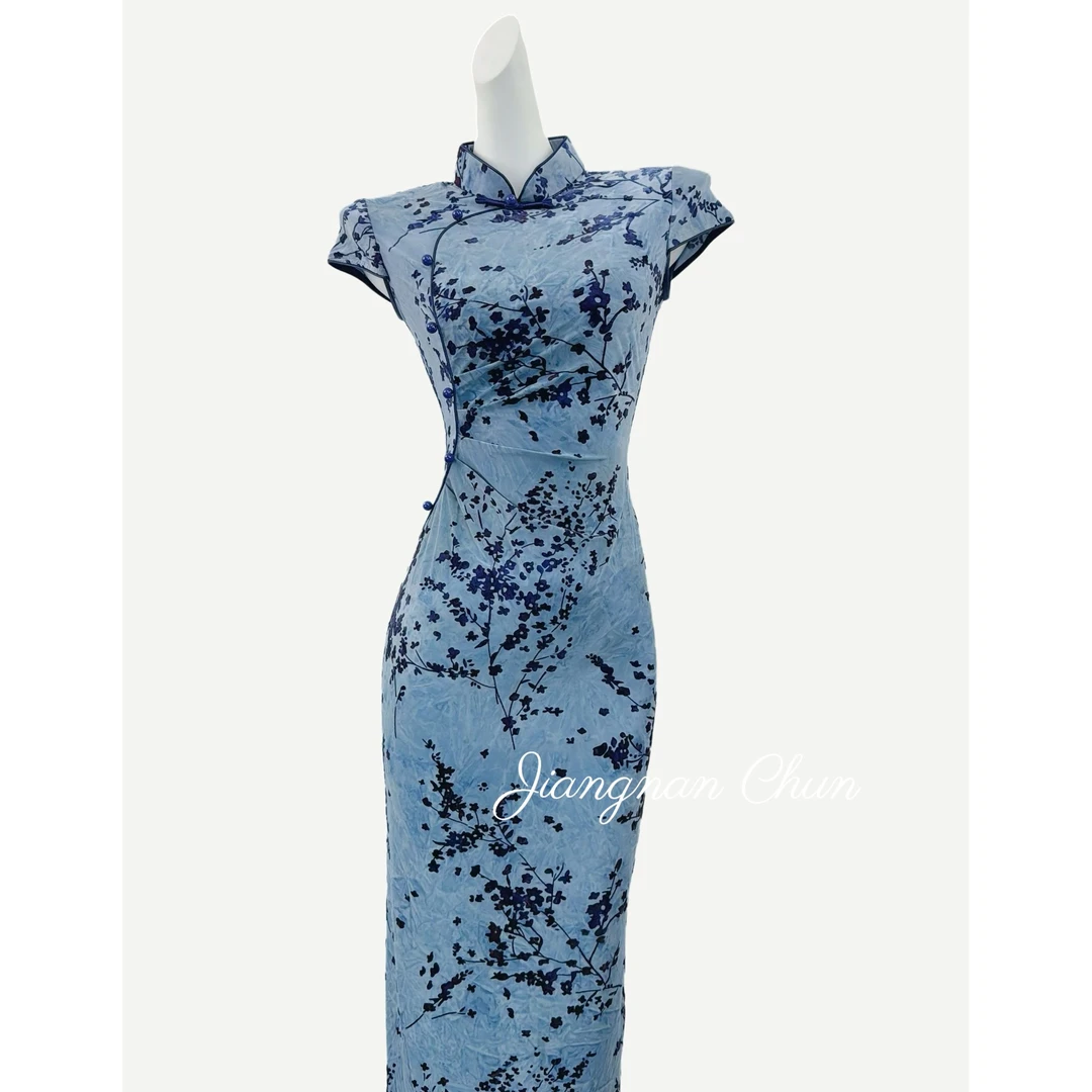 【蓝杉】衣长120夏季新款冰丝绒新中式改良国风气质显白显瘦旗袍