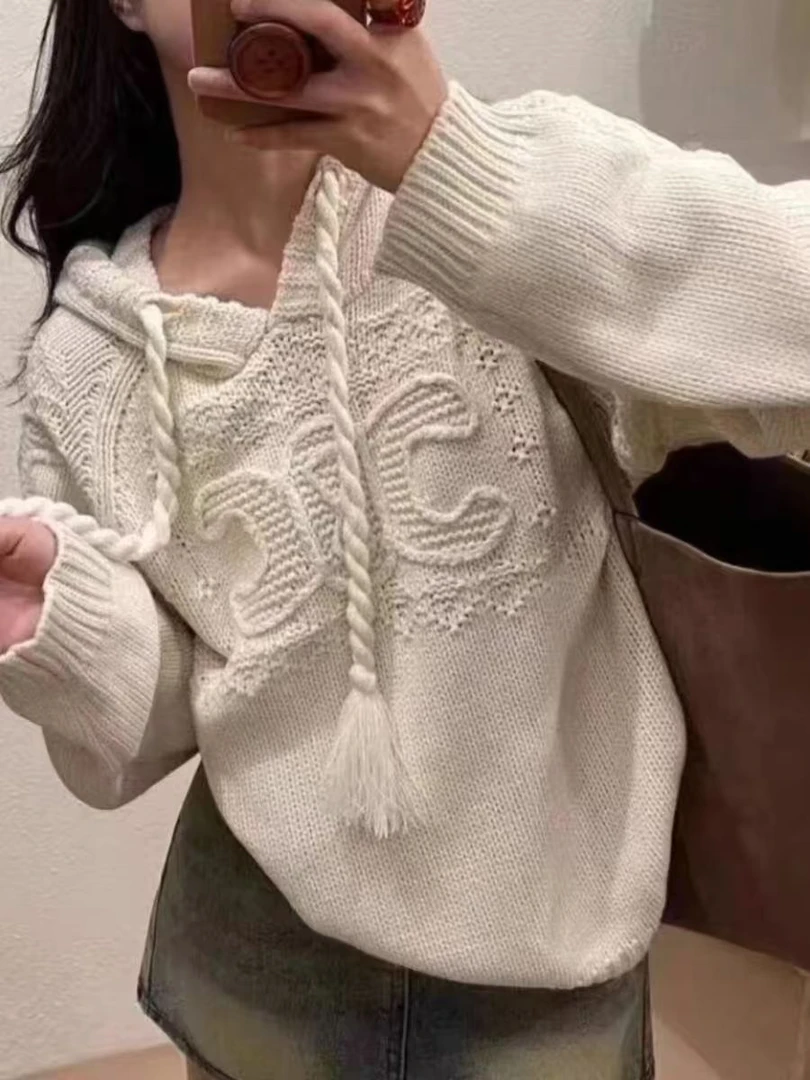 191#小香风连帽毛衣女秋冬宽松慵懒风软糯针织衫外套上衣服（约58）