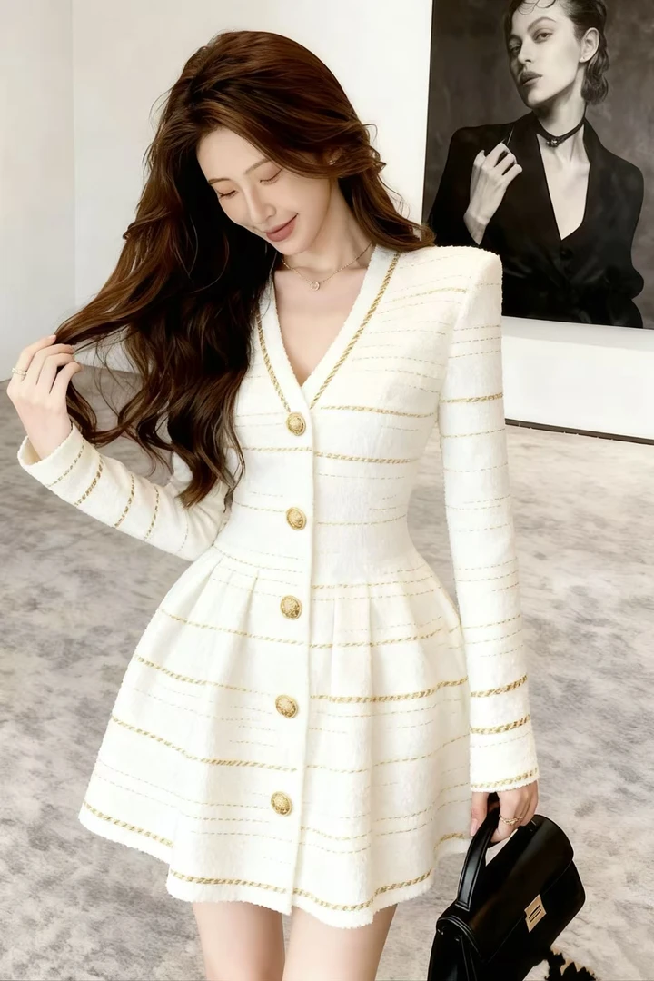 2025年秋季新款气质V领收腰长袖白色连衣裙小香风显瘦法式排扣