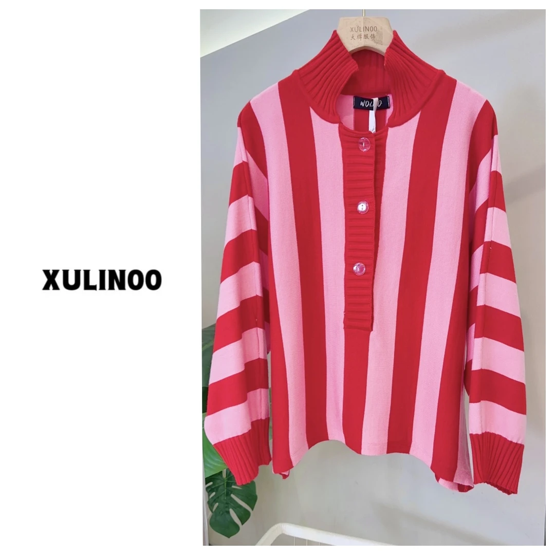 丨春秋休闲草莓红条纹套头毛衣 YAN2018