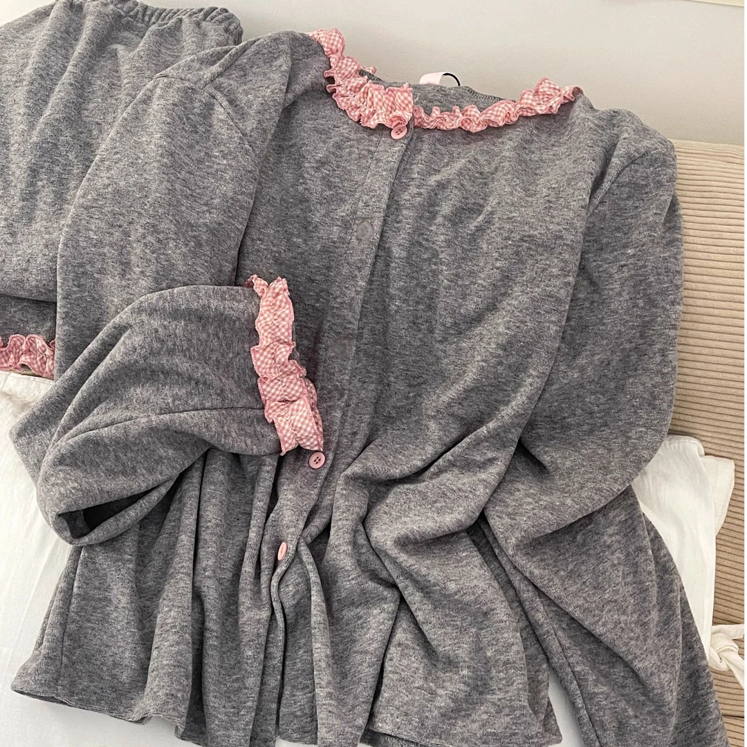 少女双面德绒睡衣女秋冬季甜美拼接荷叶边长袖长裤格子家居服套装