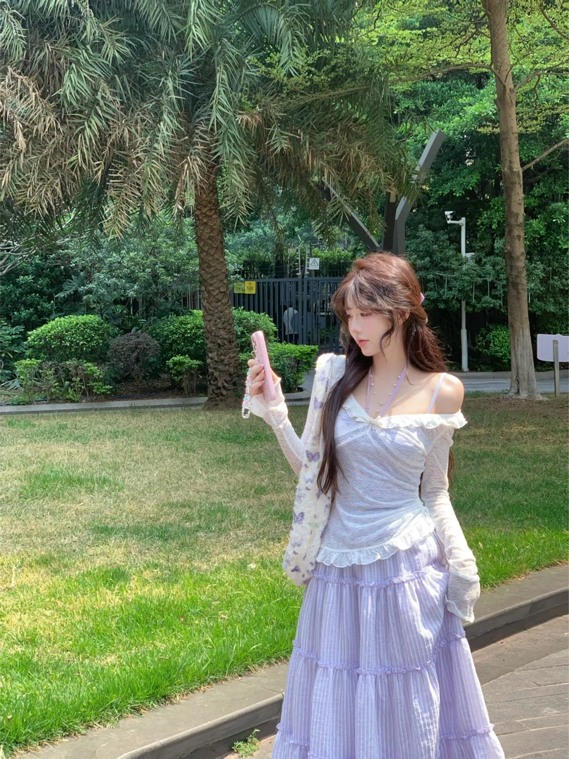 瑞茜·威瑟斯香芋奶昔 夏季温柔日常显瘦宽松长袖罩衫吊带R3356-1W