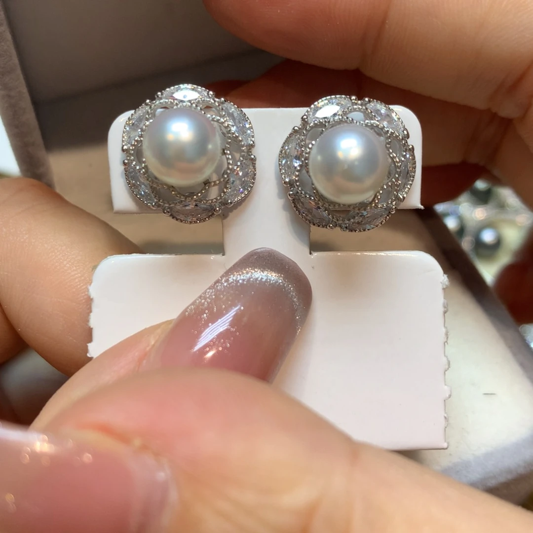 海水珍珠耳饰银S925镶嵌