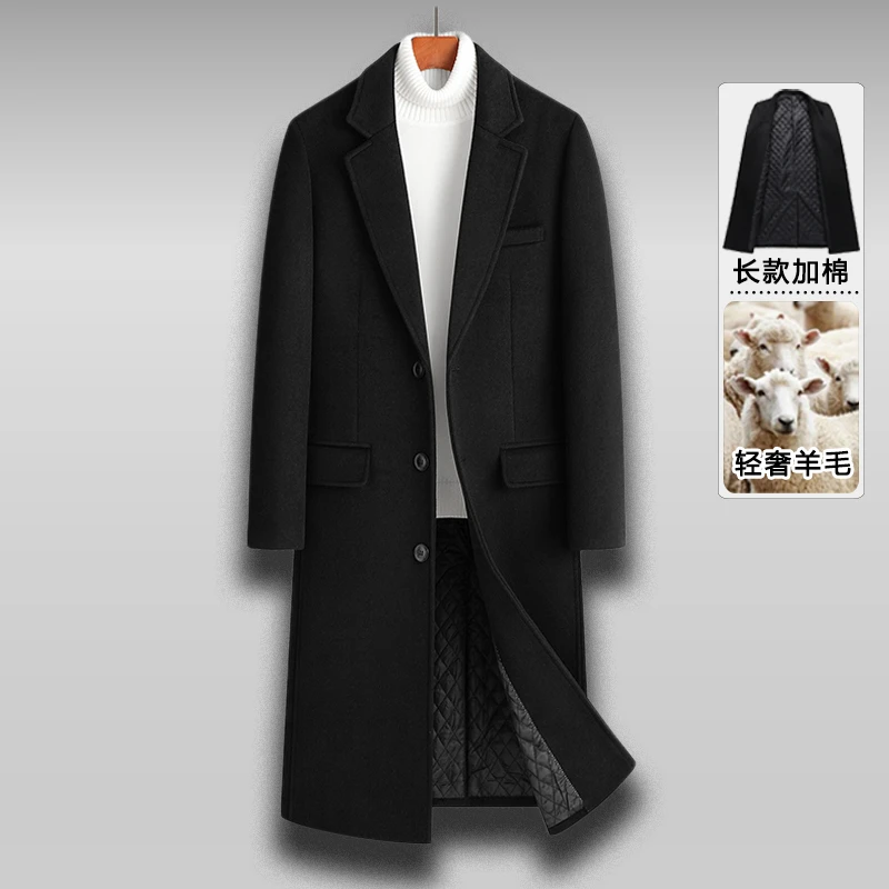 2025年秋冬季新款单排扣过膝长款男士加棉加厚商务休闲羊毛呢大衣
