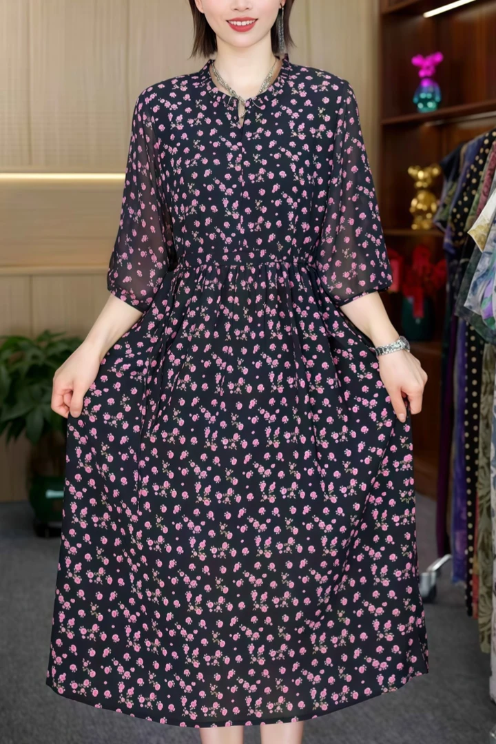 A-25335时尚有抽绳连衣裙花边领玫瑰小碎花