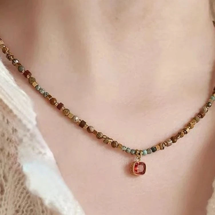 敦煌原创中式红锆石项链设计精致彩色气质链小众百搭新款复古串珠