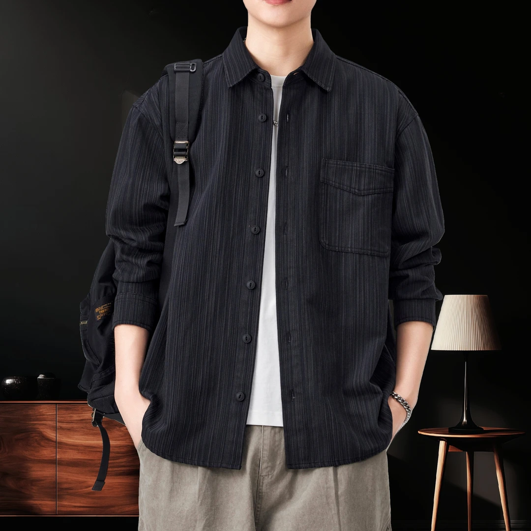 春秋高级感日系竹节纹衬衫男士新款复古宽松上衣工装长袖衬衣外套