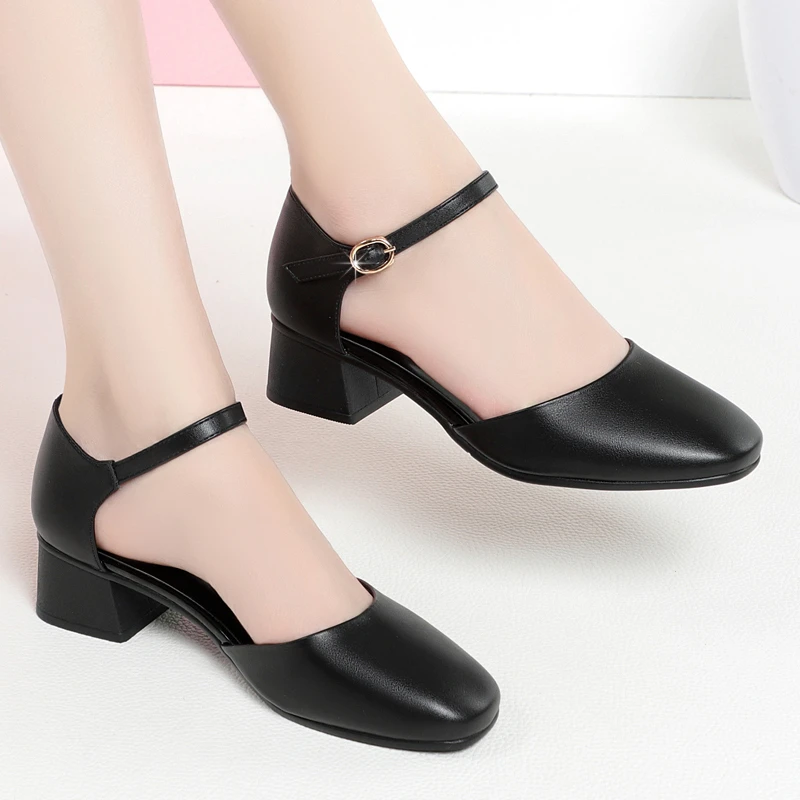 夏季软底中空包头凉鞋工作鞋黑色女鞋久站不累脚百搭粗跟皮鞋单鞋