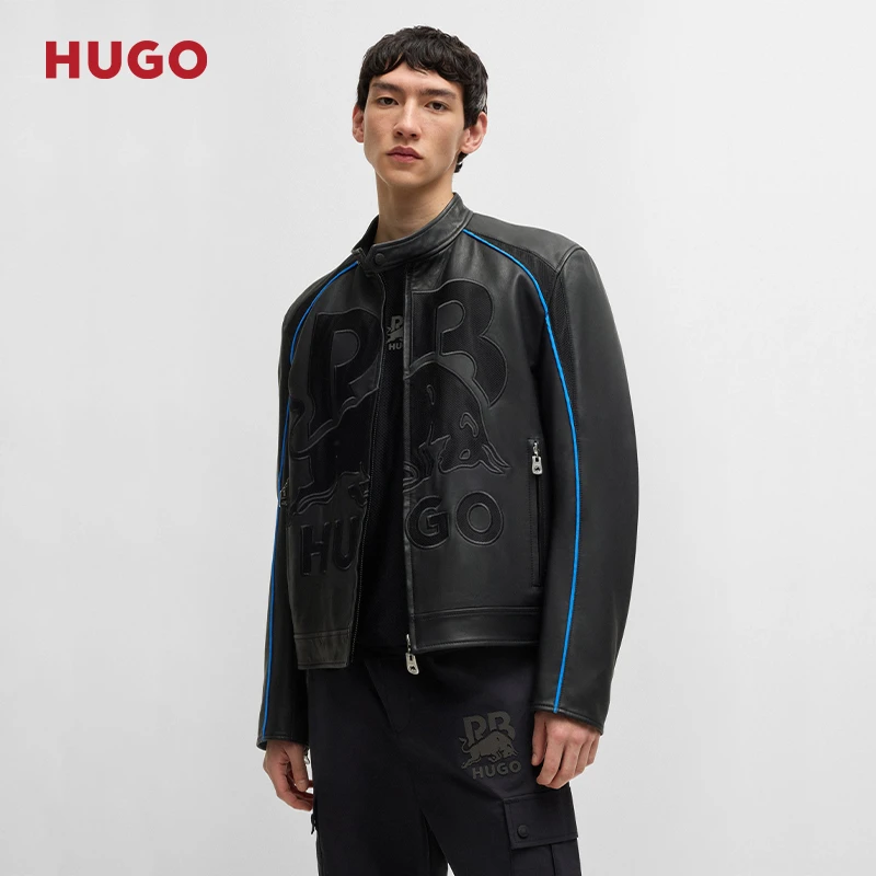 【HUGO x RB 联名】雨果2025夏季新款网眼徽标修身版皮夹克50542740