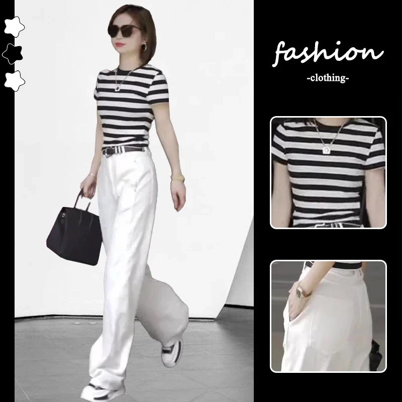 高级感气质条纹拼色短袖t恤女2025夏季新款高腰直筒休闲裤两件套