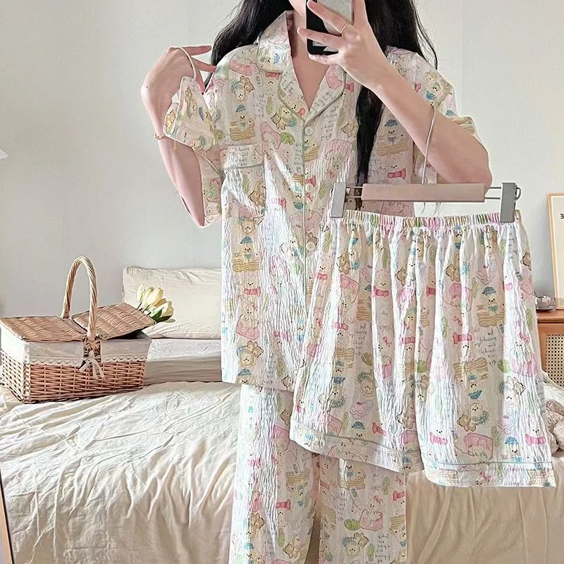 夏季新款可爱印花小熊短袖睡衣女款2025爆款舒适带眼罩套装2080
