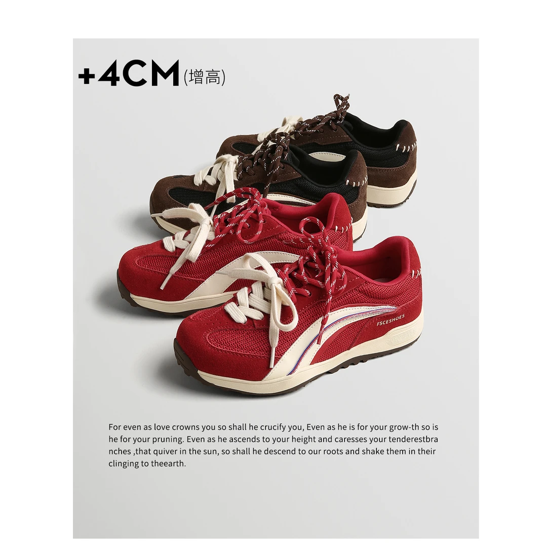 TOUCH MISS真皮红色登山运动鞋女2025新款秋季增高爬山跑步德训鞋