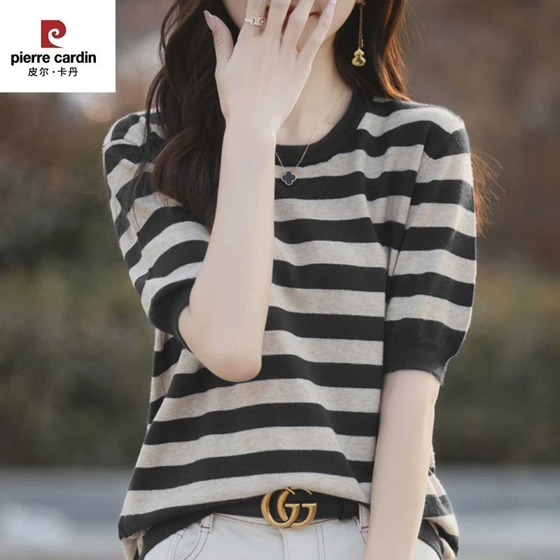 皮尔卡丹条纹短袖t恤女夏季2025新款夏装显瘦上衣薄款大码女装冰