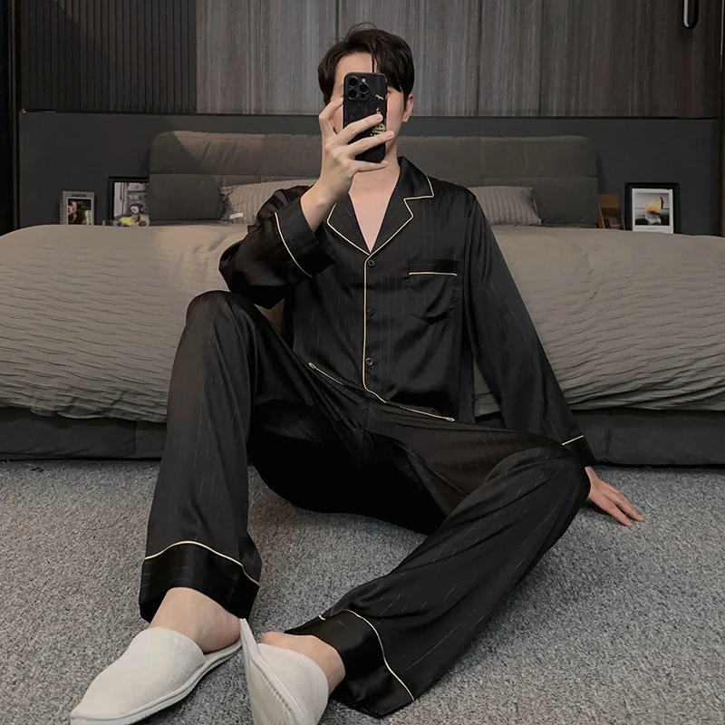 冰雪丝男士睡衣夏季2025新款长袖长裤春秋款高级感薄款家居服套装