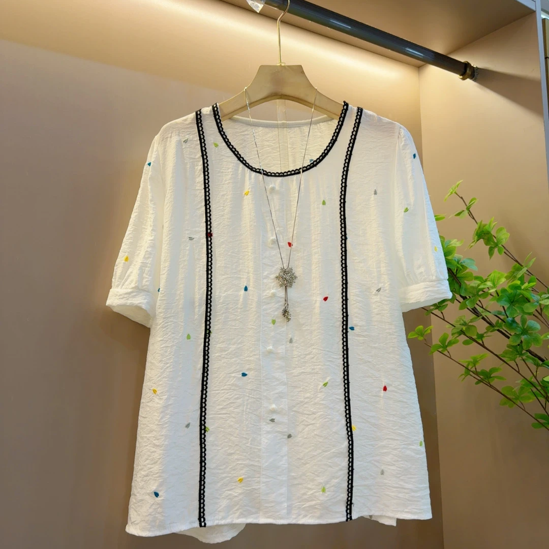 时尚夏季款百搭减龄清新气质时尚宽松拼接彩色波点洋气圆领上衣