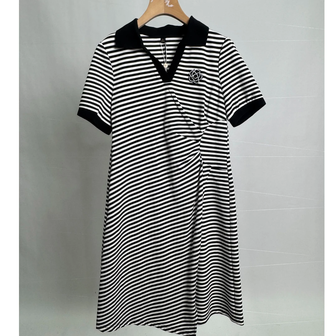 【JX811条纹V】2025时尚优雅百搭洋气款夏季短袖中长款连衣裙