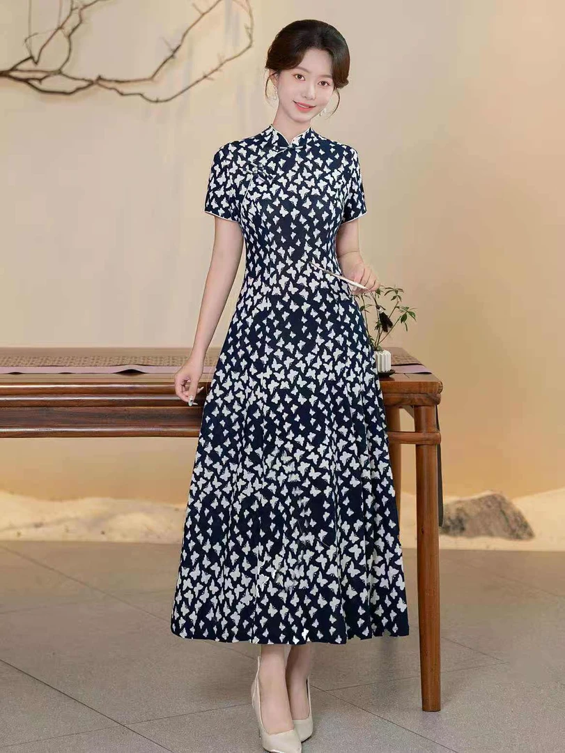 兰奇 日常气质文艺国风复古优雅奥黛改良长款旗袍