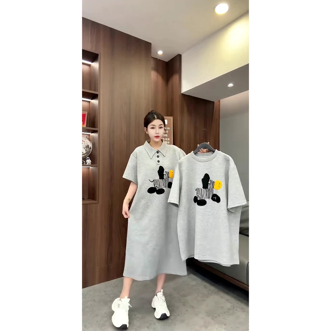 韩版时尚百搭重工刺绣卡通斑马polo领长款短袖T恤裙女