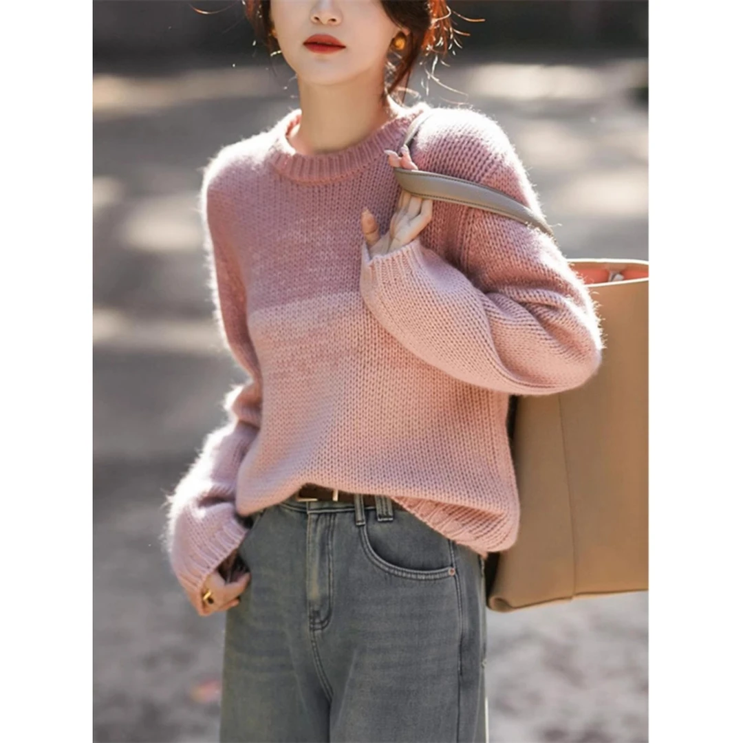 高级感慵懒毛衣女秋冬2024新款爆款韩系穿搭渐变拼色针织上衣