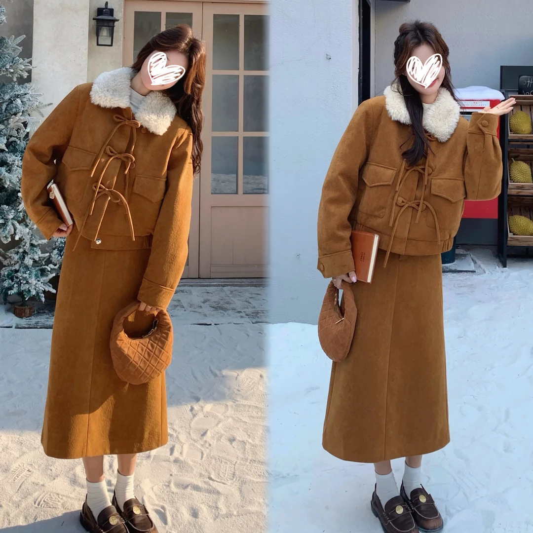 新款大码设计感法式通勤翻领夹棉上衣高腰显瘦半身裙套装